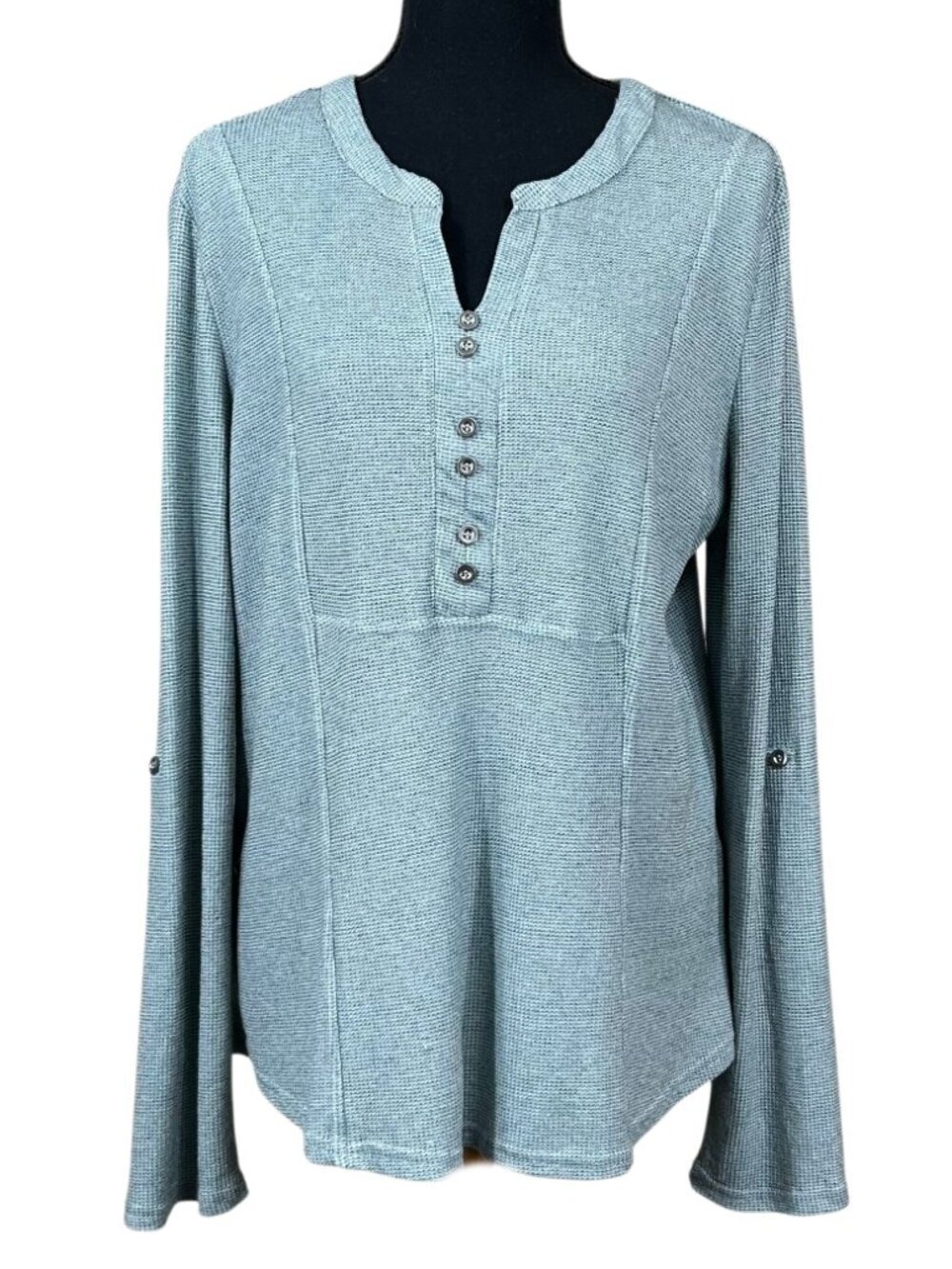 Jane and Delancey Seafoam Green Thermal Henley Roll-Tab Sleeve Top Size L